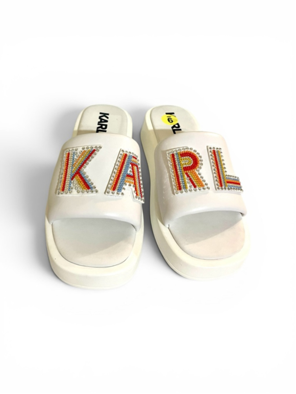 Karl Lagerfeld Paris Opal Embellished White Platform Slide Sandals Women Size 9